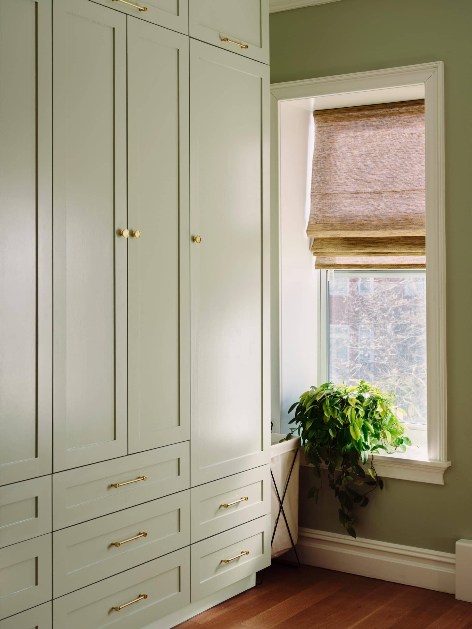 Tall, light green built-in cabinets with gold handles are next to a window with a woven shade; a potted plant sits on the floor by the window.