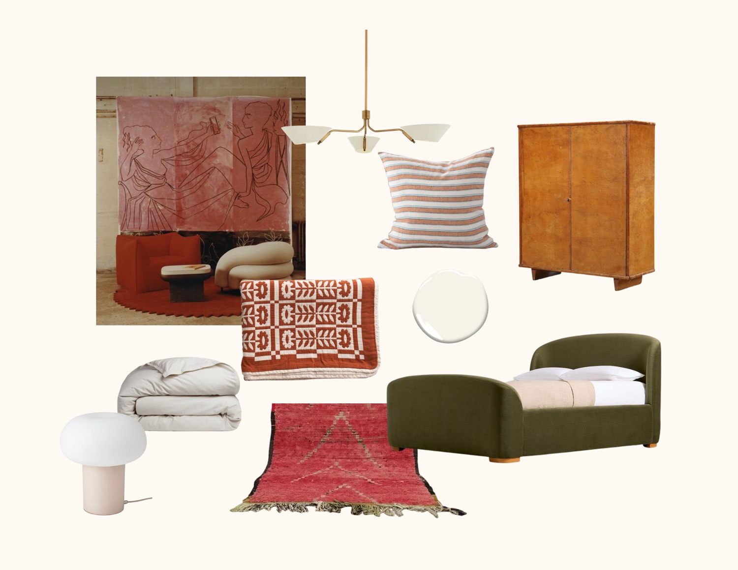 A collage of bedroom furniture and decor items including a bed, wardrobe, rug, lamp, pendant light, pillow, blanket, round mirror, bedding, and wall art.