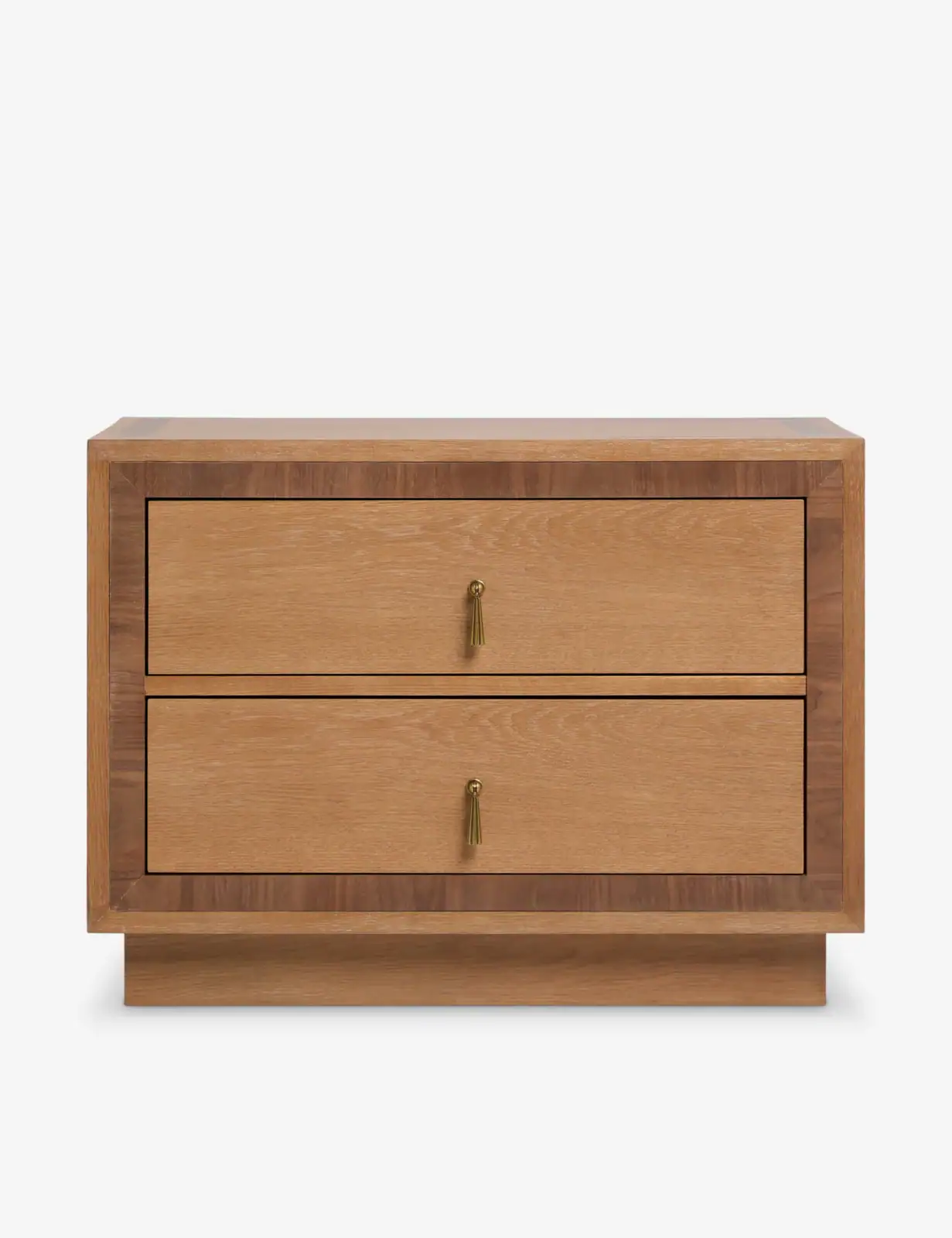 A wooden two-drawer dresser with brass pull handles, shown against a plain white background.