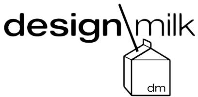 The image shows the words "design milk" with a minimal line drawing of a milk carton and a straw; the carton is labeled "dm.